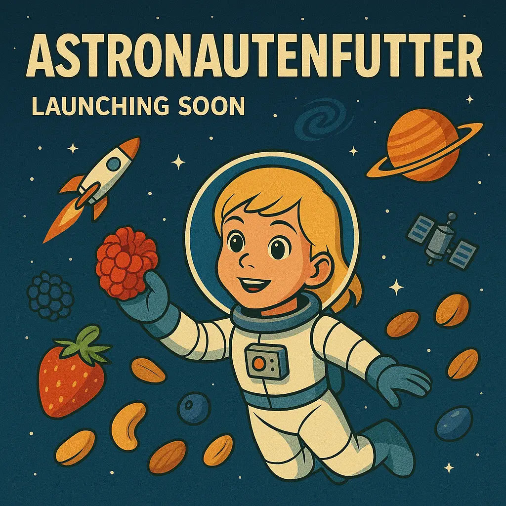 Astronautenfutter – Launching Soon poster with a blonde kid astronaut reaching for berries in space
